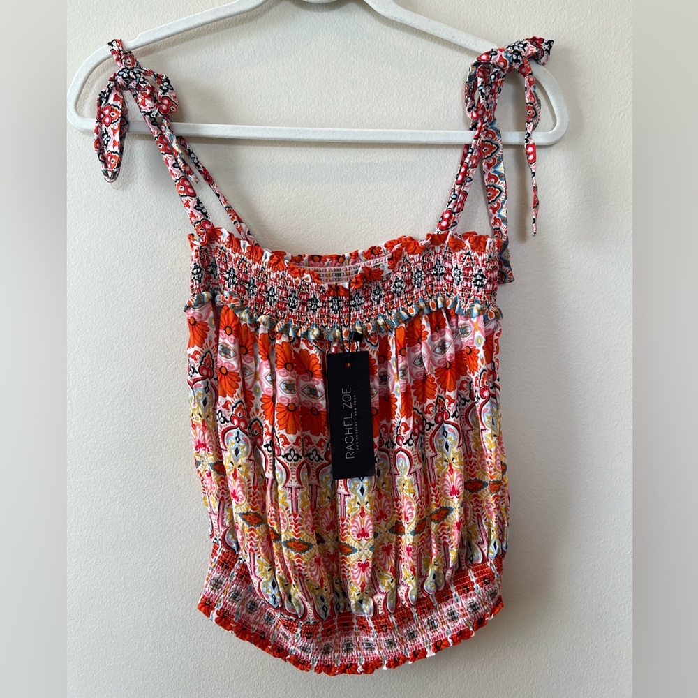 Rachel Zoe bohemian sleeveless tie tank top women XS ruched stretch floral new
